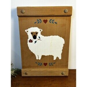 Vintage Painted Sheep On Wood Wall Art Farmhouse Country Folk Art